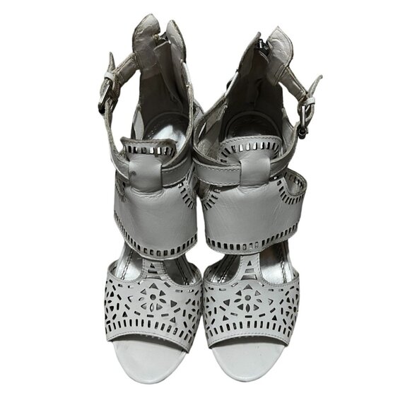 Guess Agenta White Leather Wooden Wedge Heels Sz 6.5 Womens Open Toe Ankle - Picture 14 of 16